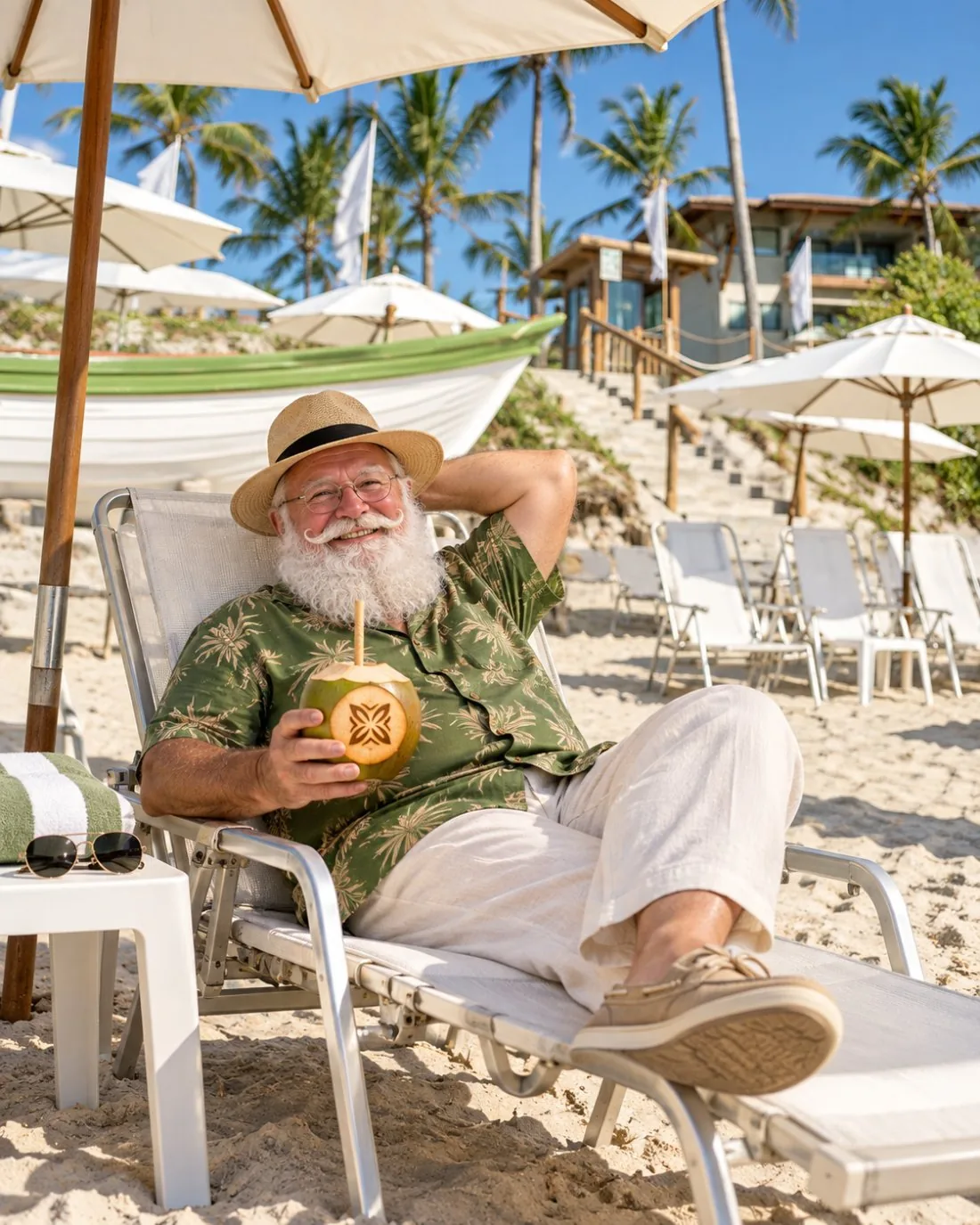 Papai Noel de férias relaxando em uma espreguiçadeira na areia do Samoa Beach