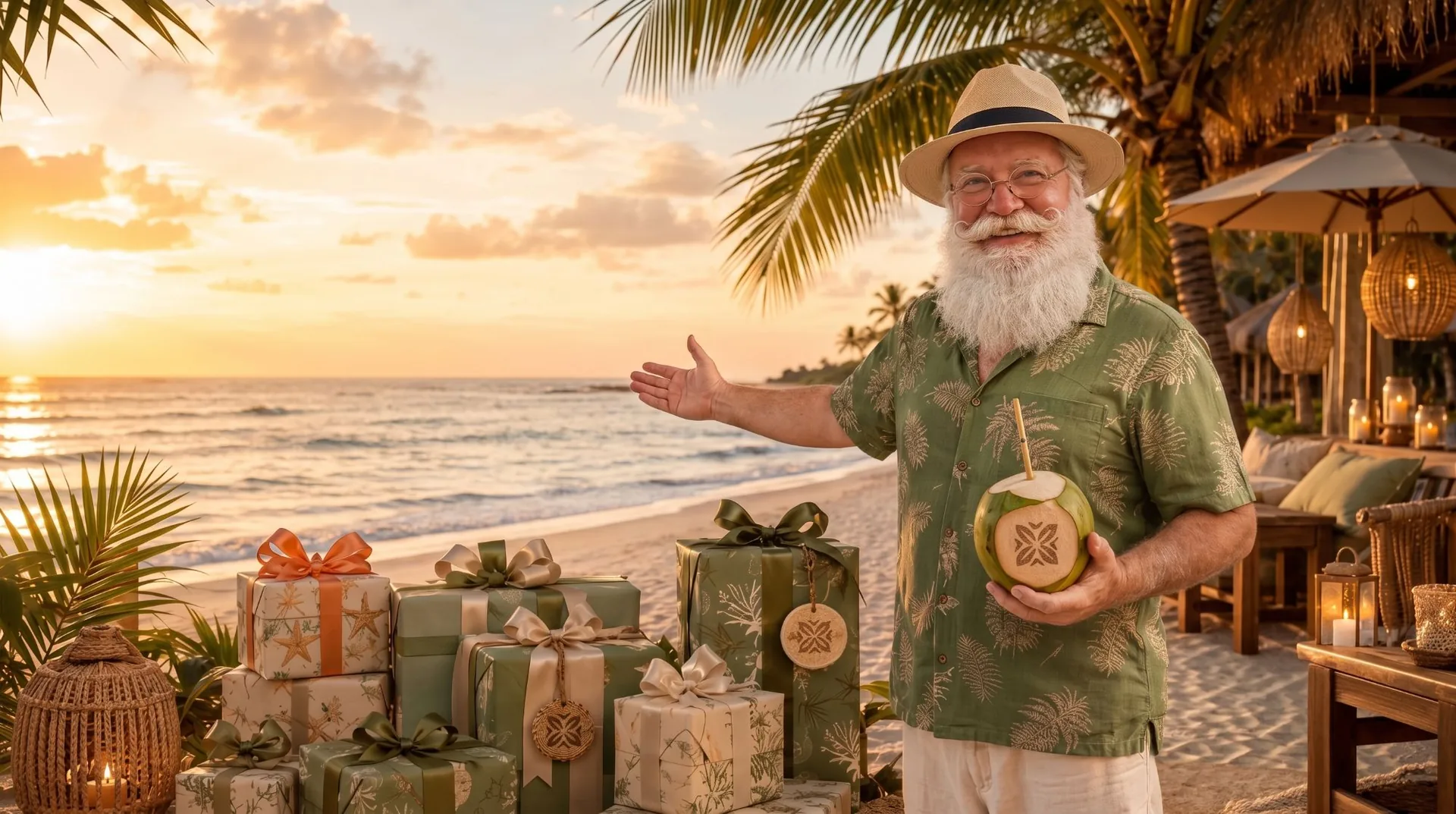 Papai Noel de férias na areia do Samoa Beach ao pôr do sol, cercado de presentes