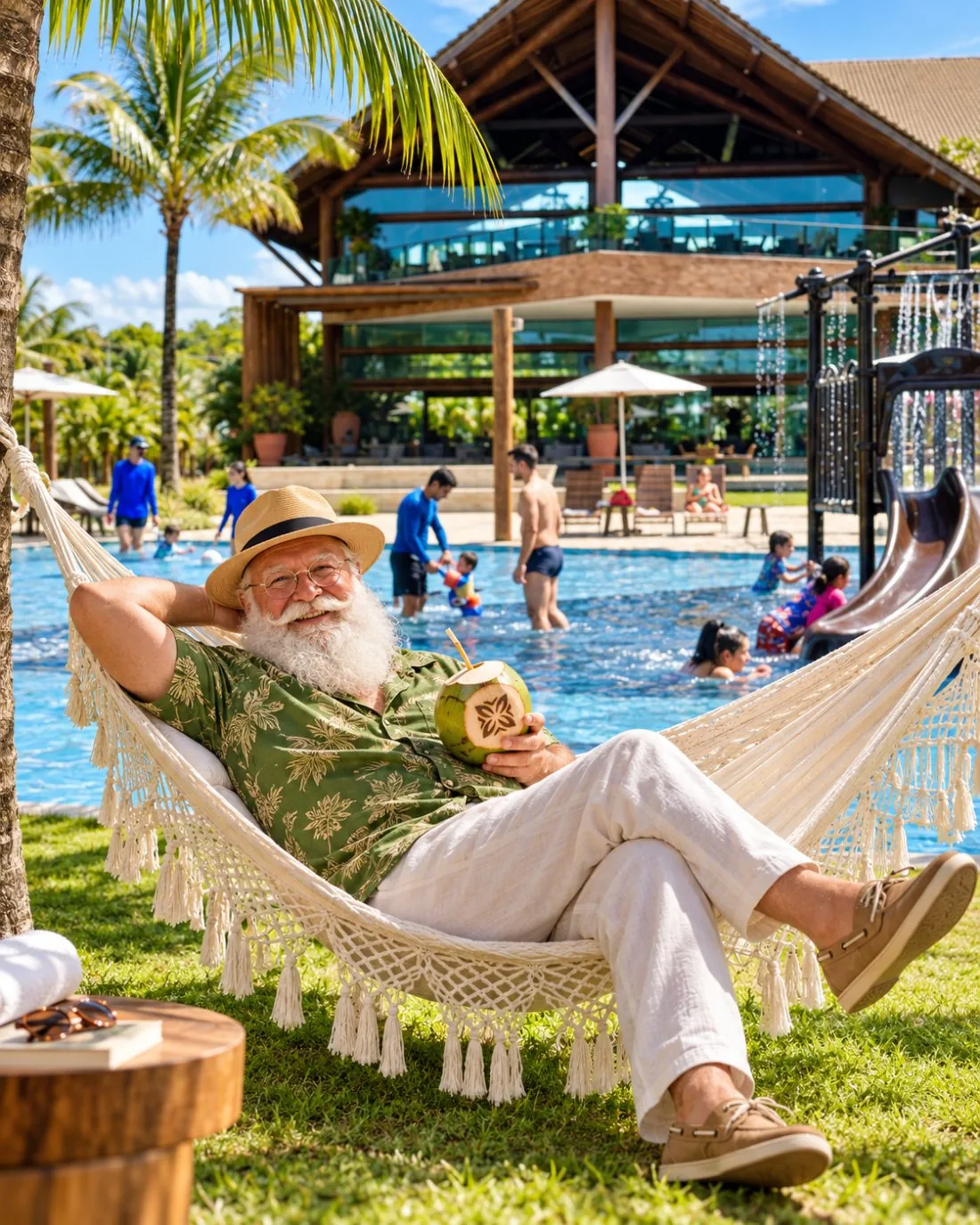 Papai Noel de férias em uma rede à beira da piscina do Samoa Beach